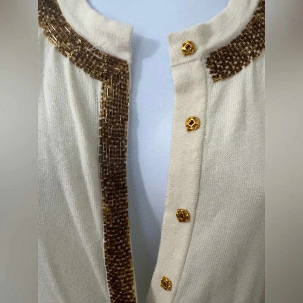 J. McLaughlin  womens Elegant Cream w/ gold Beading lightweight Cardigan L